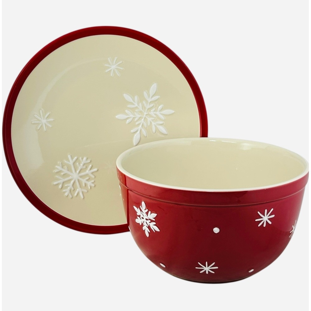 Longaberger FALLING SNOW PLATTER & BOWL Red & Ivory Embossed Snowflakes 2010